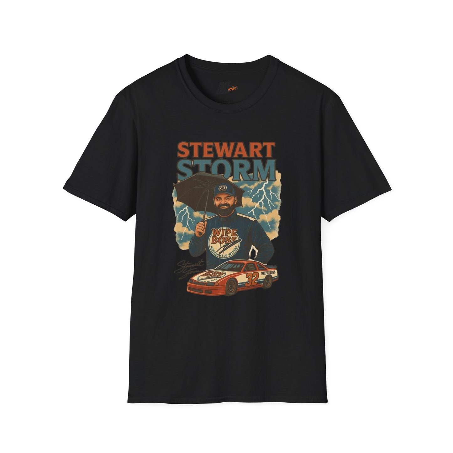 Vintage Style 90s Racing Tee Shirt STEWART STORM Wipe Boss Fake Track Racers