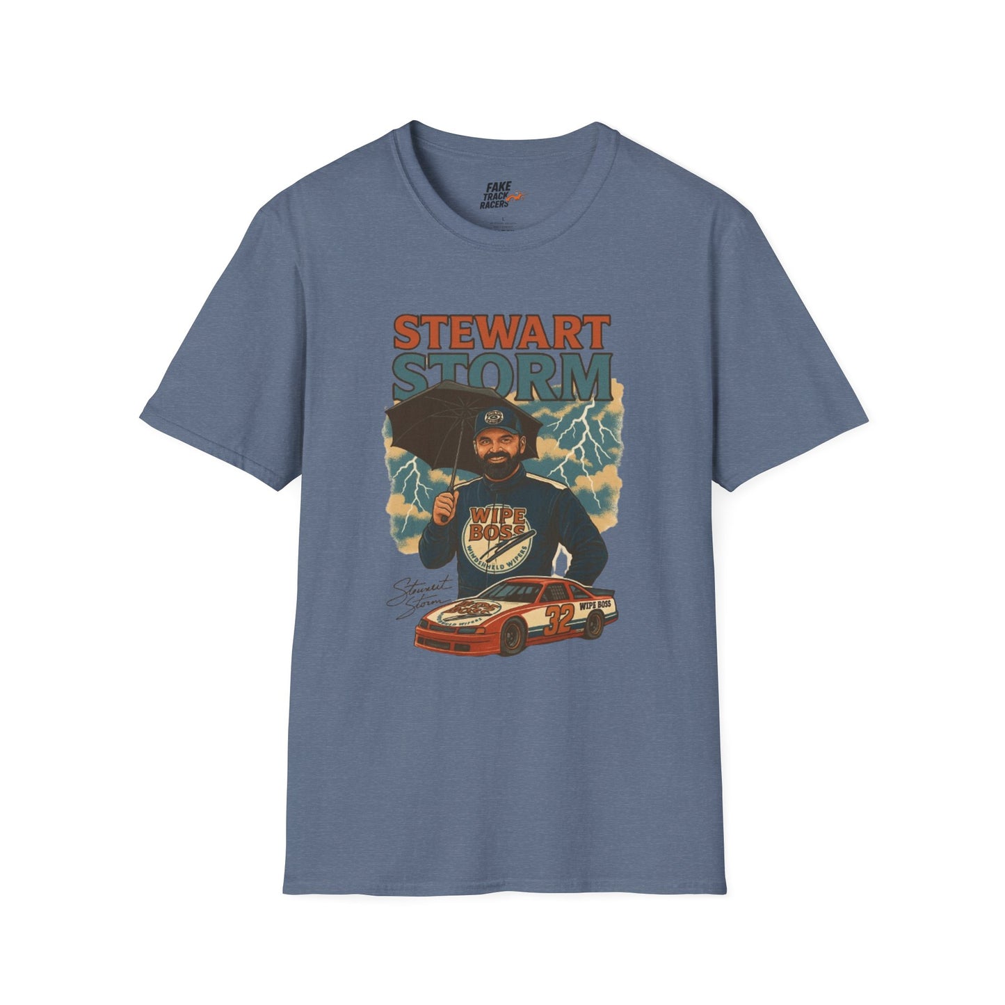 Vintage Style 90s Racing Tee Shirt STEWART STORM Wipe Boss Fake Track Racers