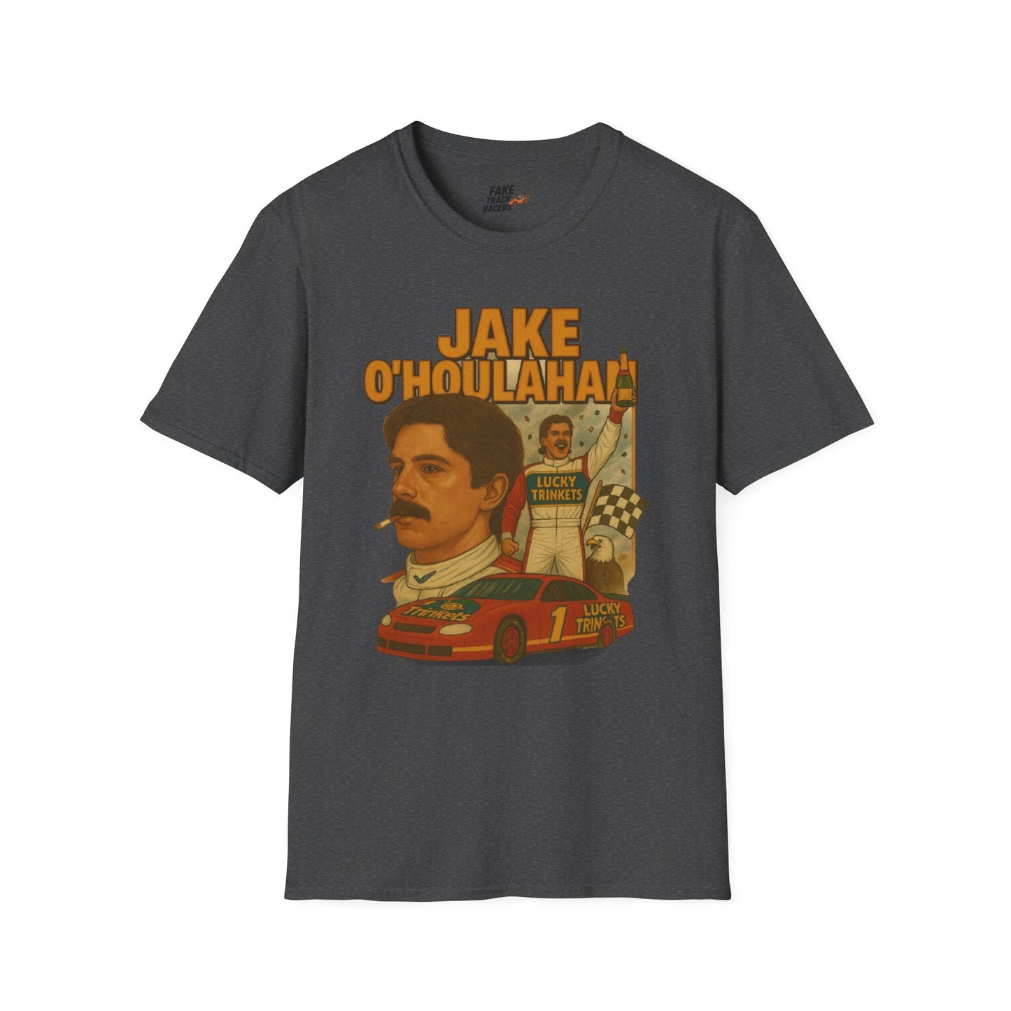 Vintage Style 90s Racing Tee Shirt JAKE OHOULAHAN Lucky Trinkets Fake Track Racers