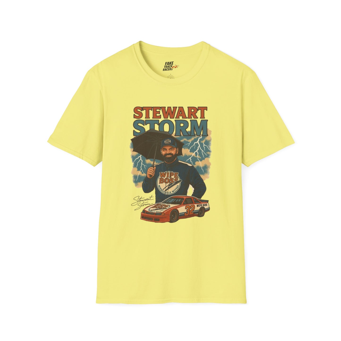 Vintage Style 90s Racing Tee Shirt STEWART STORM Wipe Boss Fake Track Racers