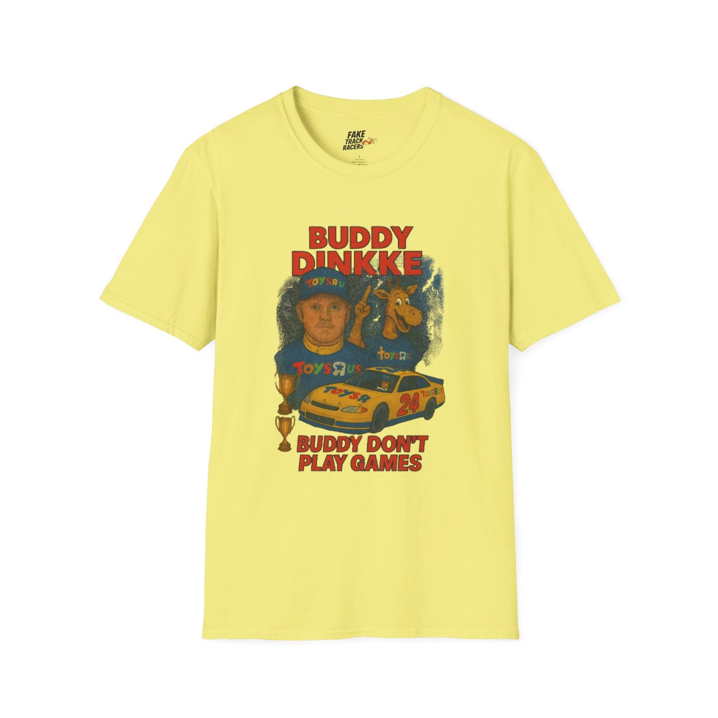 Vintage Style 90s Racing Tee Shirt BUDDY DINKKE Toys R Us Shirt Fake Track Racers