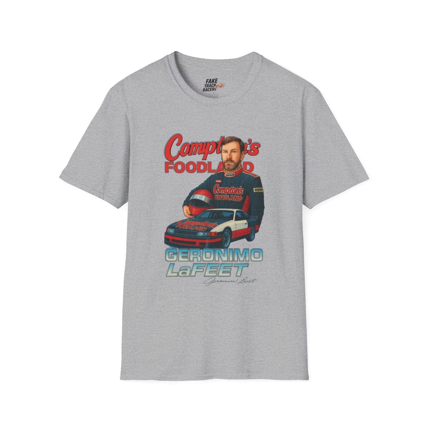 Vintage Style 90s Racing Tee Shirt GERONIMO LaFEET Comptons Fake Track Racers