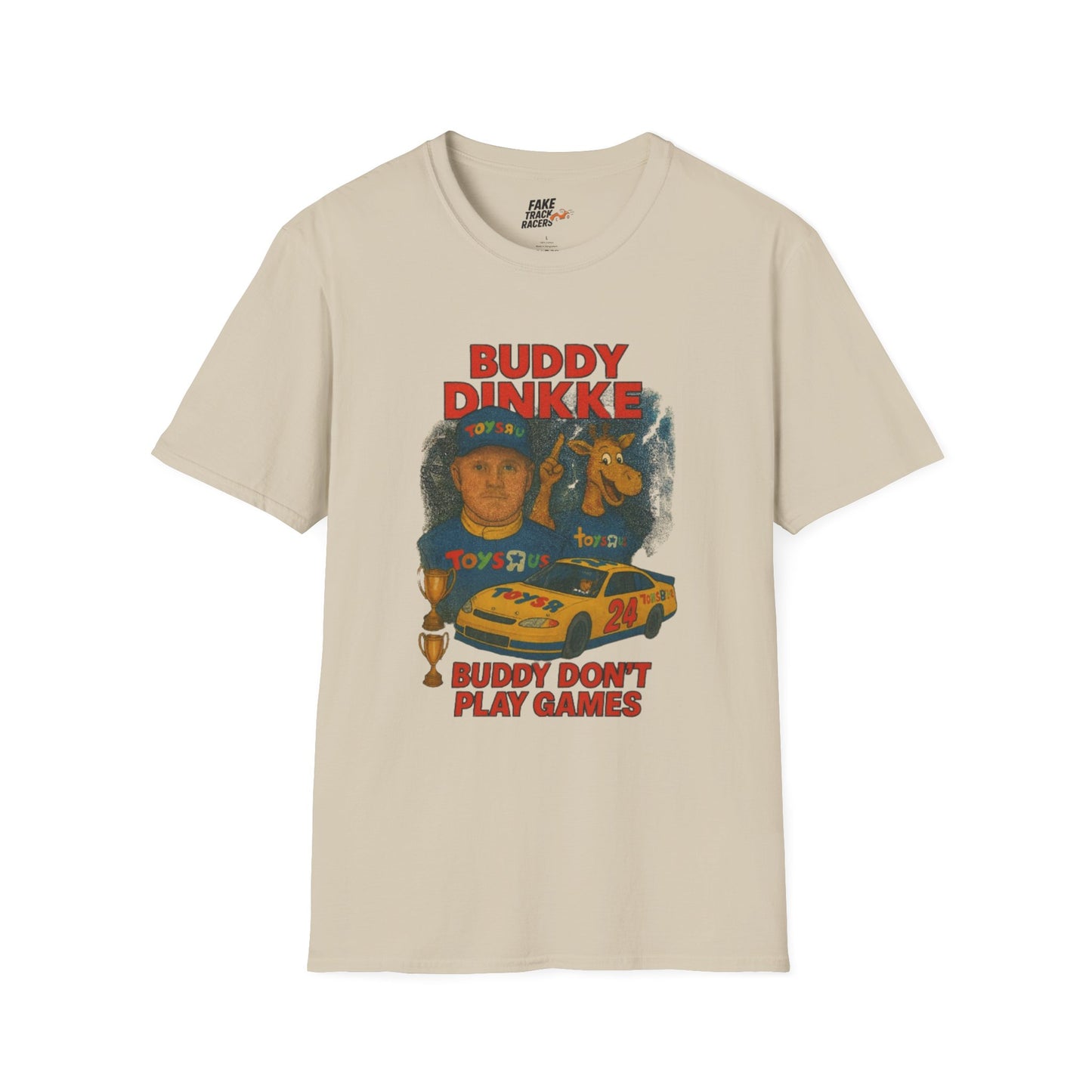 Vintage Style 90s Racing Tee Shirt BUDDY DINKKE Toys R Us Shirt Fake Track Racers