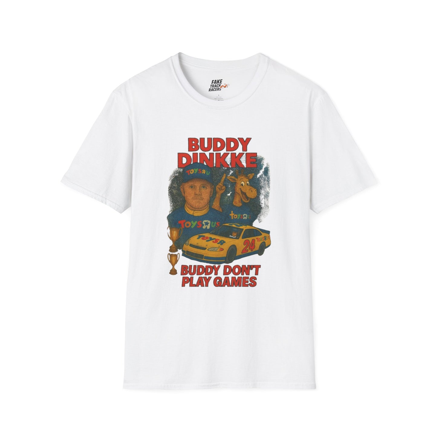 Vintage Style 90s Racing Tee Shirt BUDDY DINKKE Toys R Us Shirt Fake Track Racers