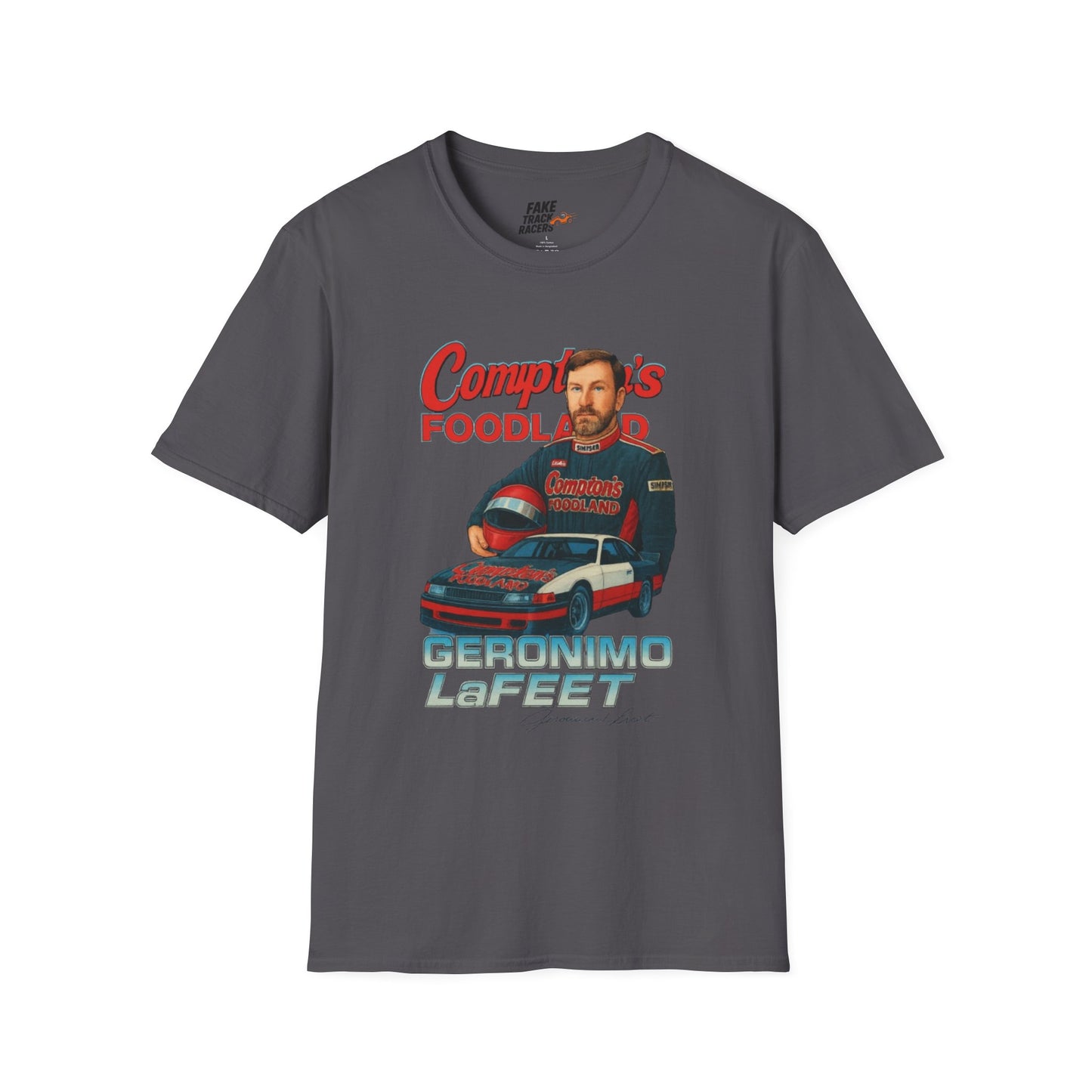 Vintage Style 90s Racing Tee Shirt GERONIMO LaFEET Comptons Fake Track Racers