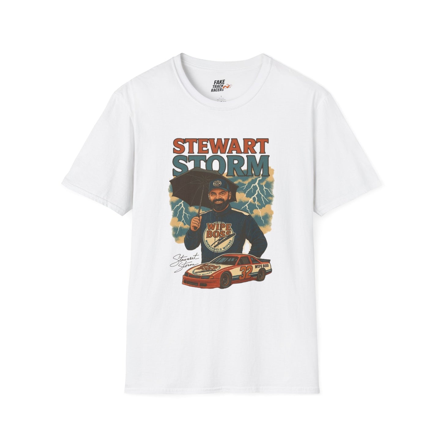 Vintage Style 90s Racing Tee Shirt STEWART STORM Wipe Boss Fake Track Racers