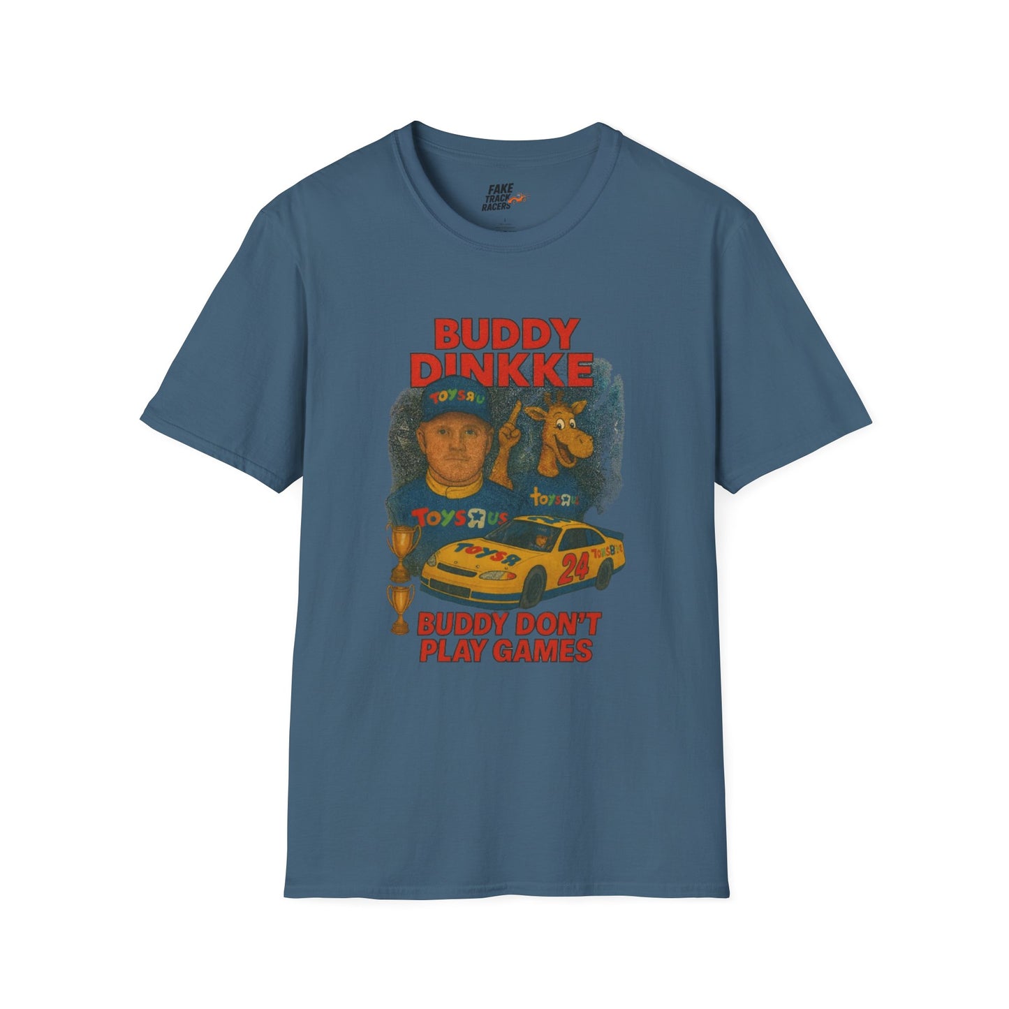 Vintage Style 90s Racing Tee Shirt BUDDY DINKKE Toys R Us Shirt Fake Track Racers