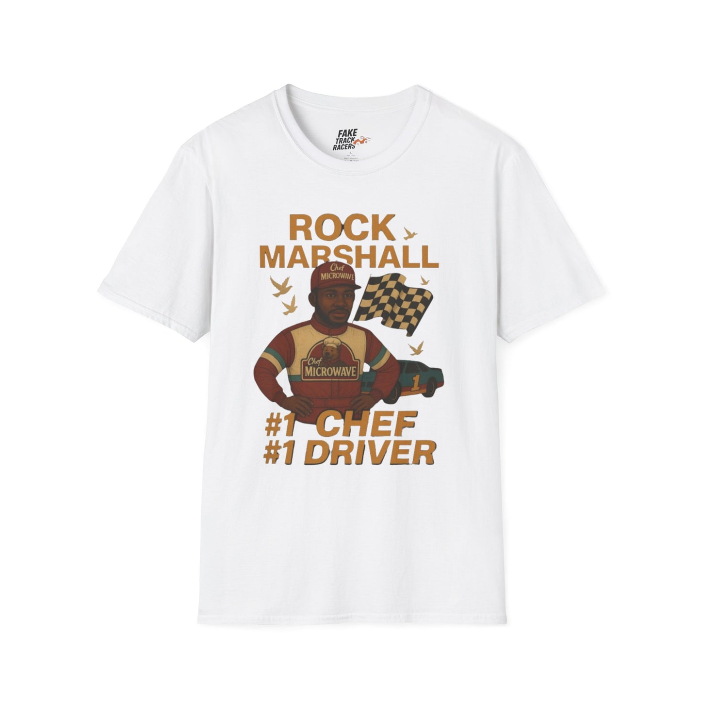 Vintage Style 90s Racing Tee Shirt ROCK MARSHALL Chef Microwave Fake Track Racers