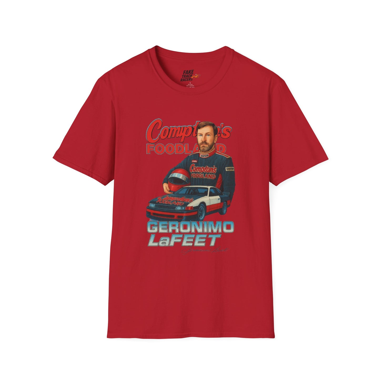 Vintage Style 90s Racing Tee Shirt GERONIMO LaFEET Comptons Fake Track Racers