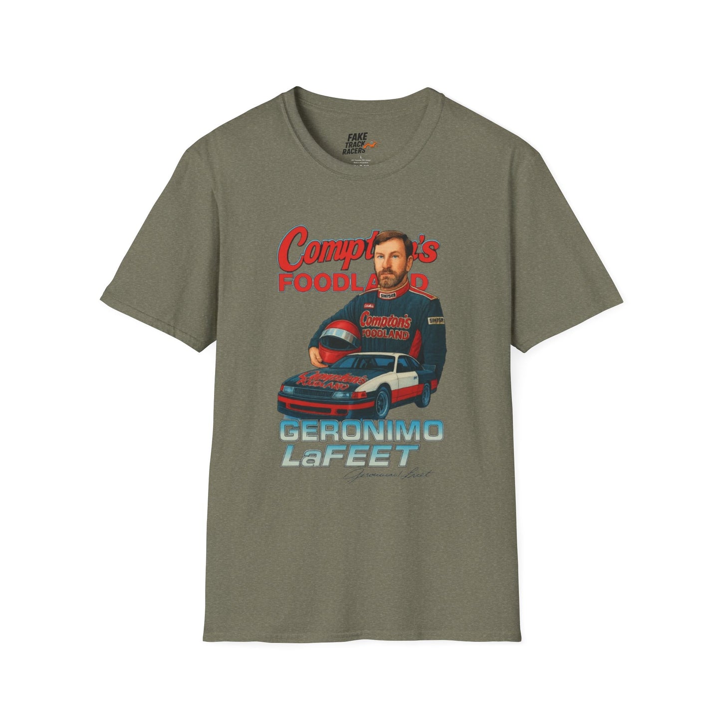 Vintage Style 90s Racing Tee Shirt GERONIMO LaFEET Comptons Fake Track Racers