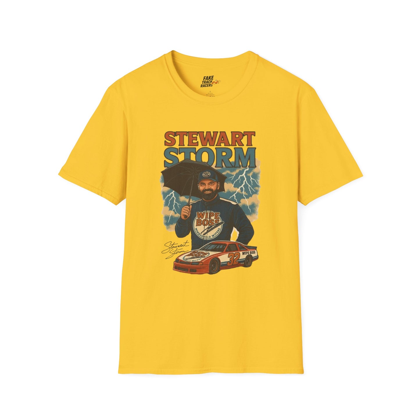 Vintage Style 90s Racing Tee Shirt STEWART STORM Wipe Boss Fake Track Racers