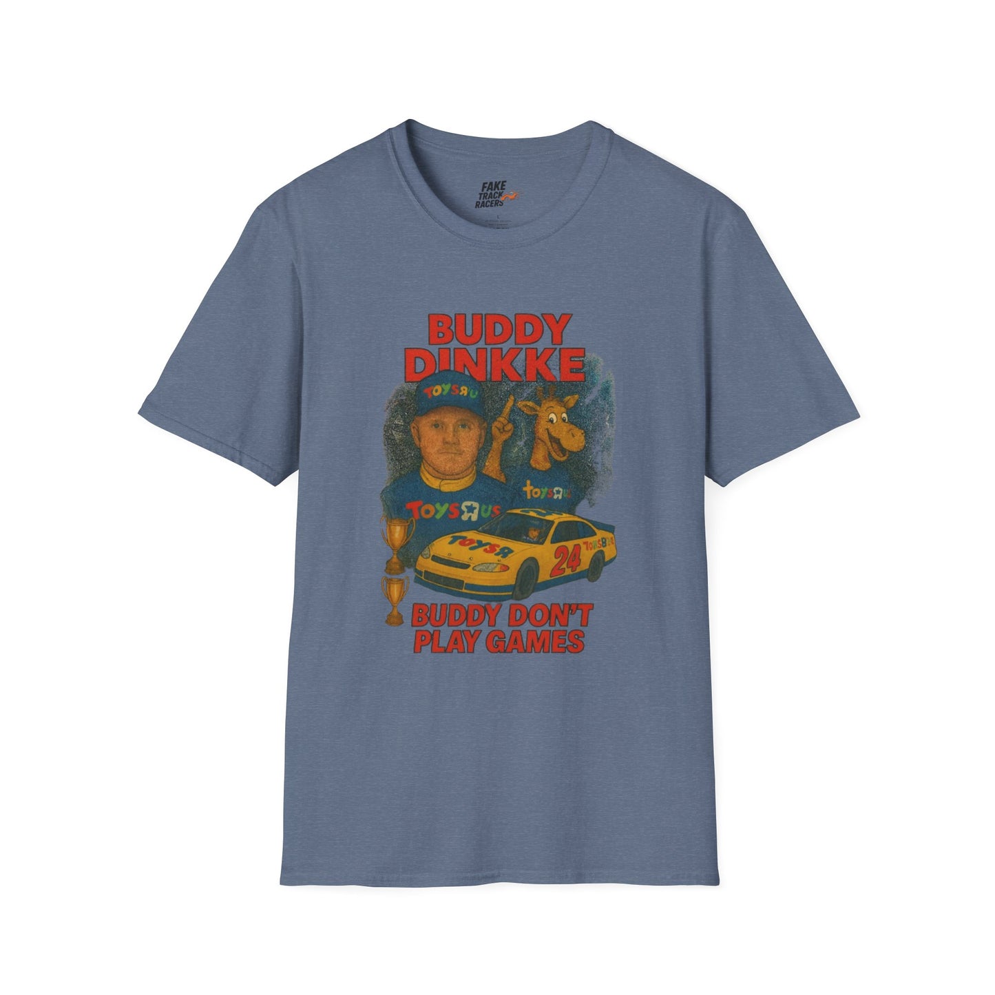 Vintage Style 90s Racing Tee Shirt BUDDY DINKKE Toys R Us Shirt Fake Track Racers