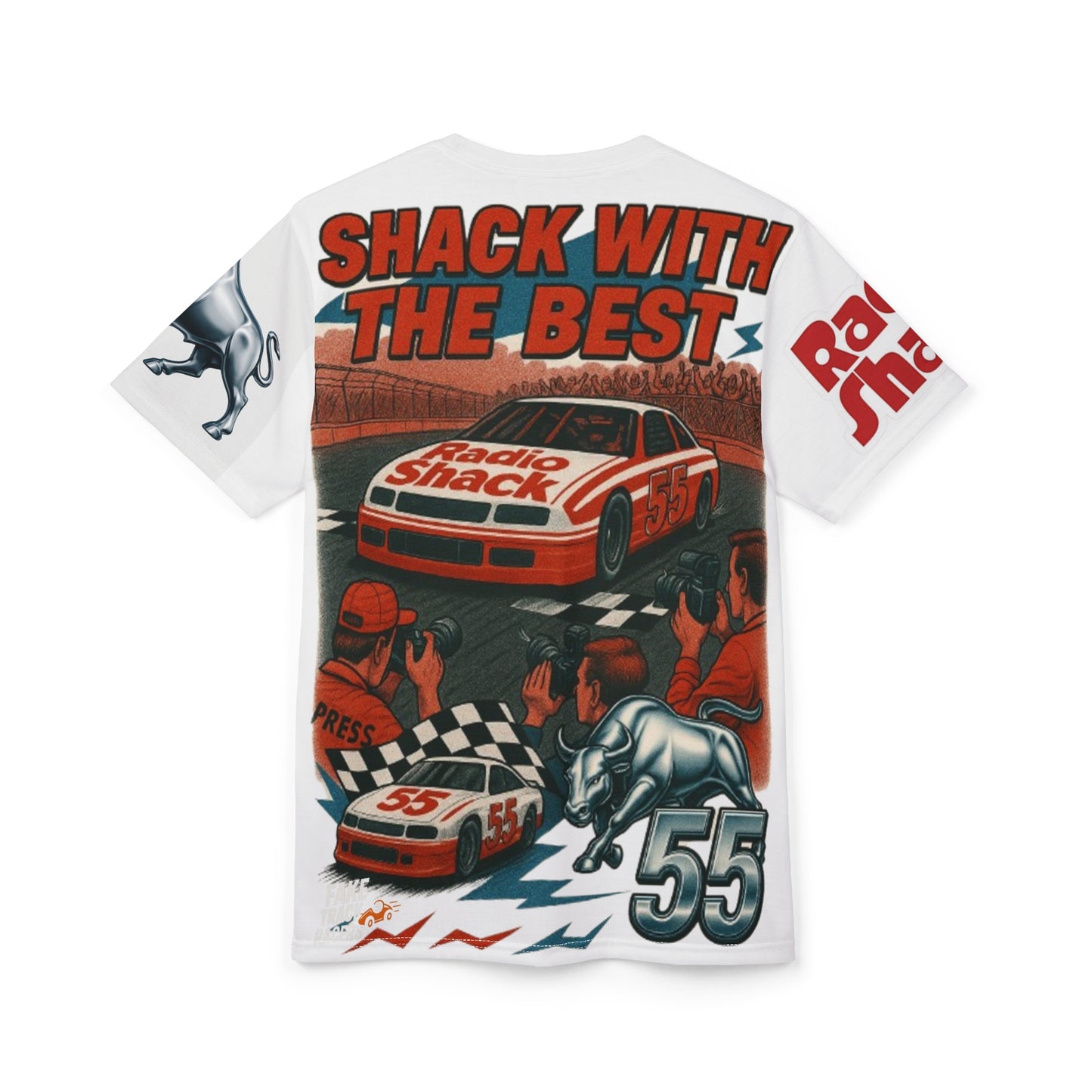 Vintage Style 90s Racing Tee AOP STEVIE JOE HAMMER Radio Shack Fake Track Racers