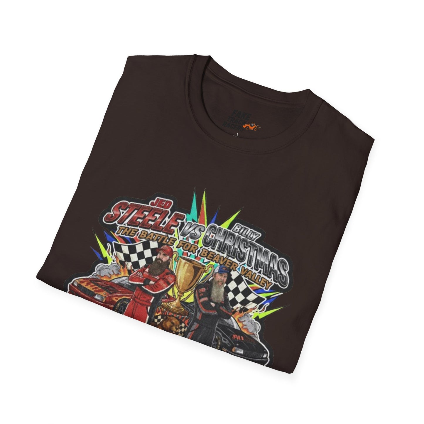 Vintage Style 90s Racing Tee Shirt STEELE VS CHRISTMAS Friendly Fire Fake Track Racers