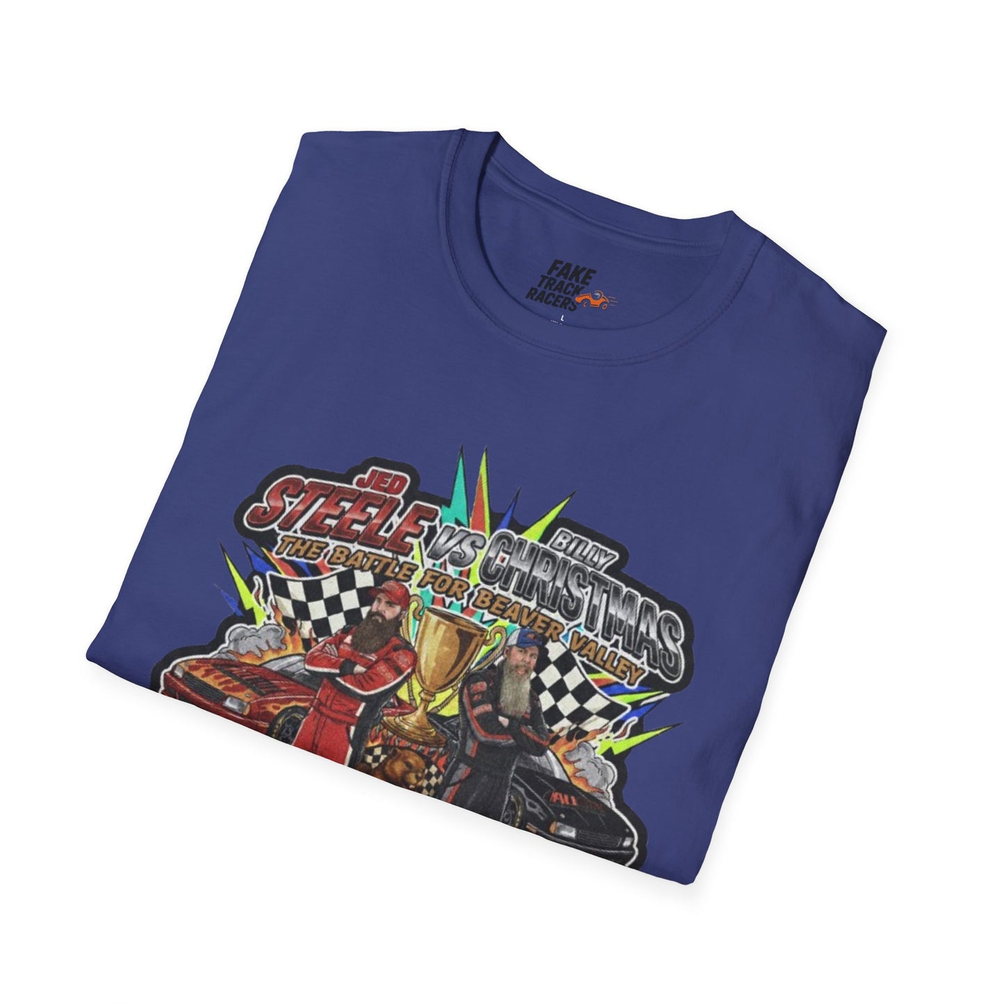 Vintage Style 90s Racing Tee Shirt STEELE VS CHRISTMAS Friendly Fire Fake Track Racers