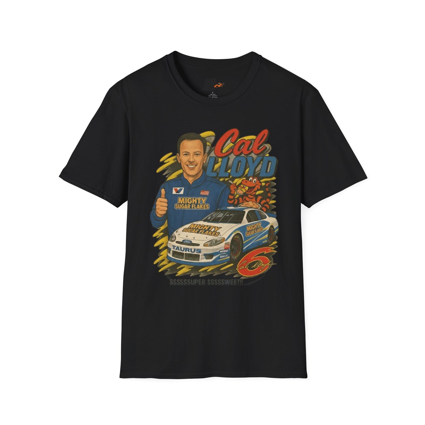 Vintage Style 90s Racing Tee Shirt CAL LLOYD Flakes Fake Track Racers