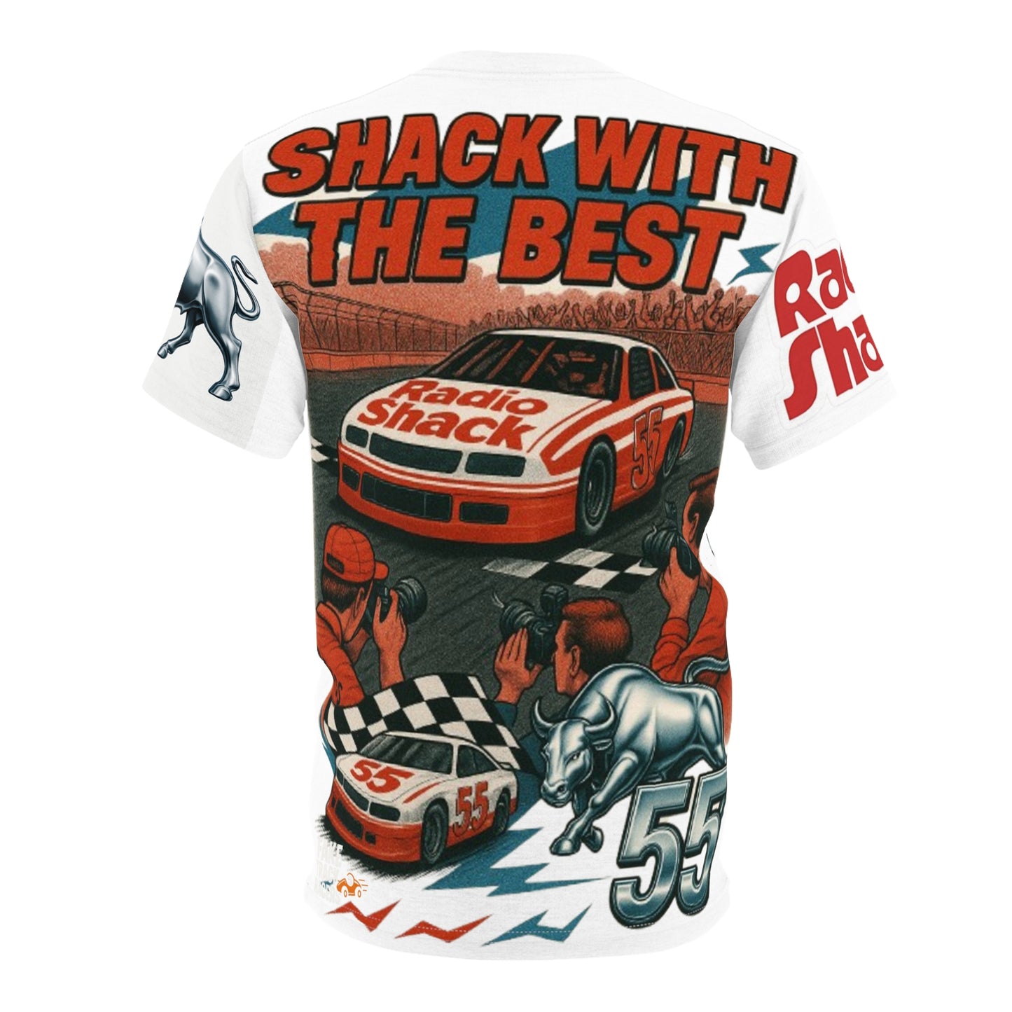Vintage Style 90s Racing Tee AOP STEVIE JOE HAMMER Radio Shack Fake Track Racers