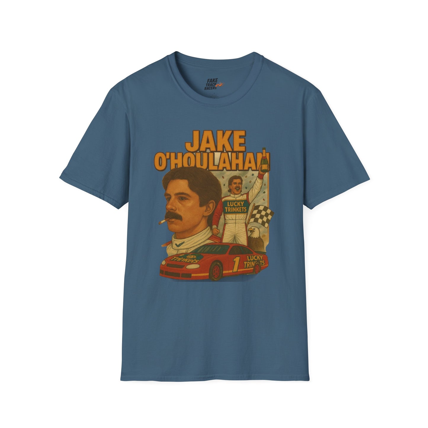Vintage Style 90s Racing Tee Shirt JAKE OHOULAHAN Lucky Trinkets Fake Track Racers