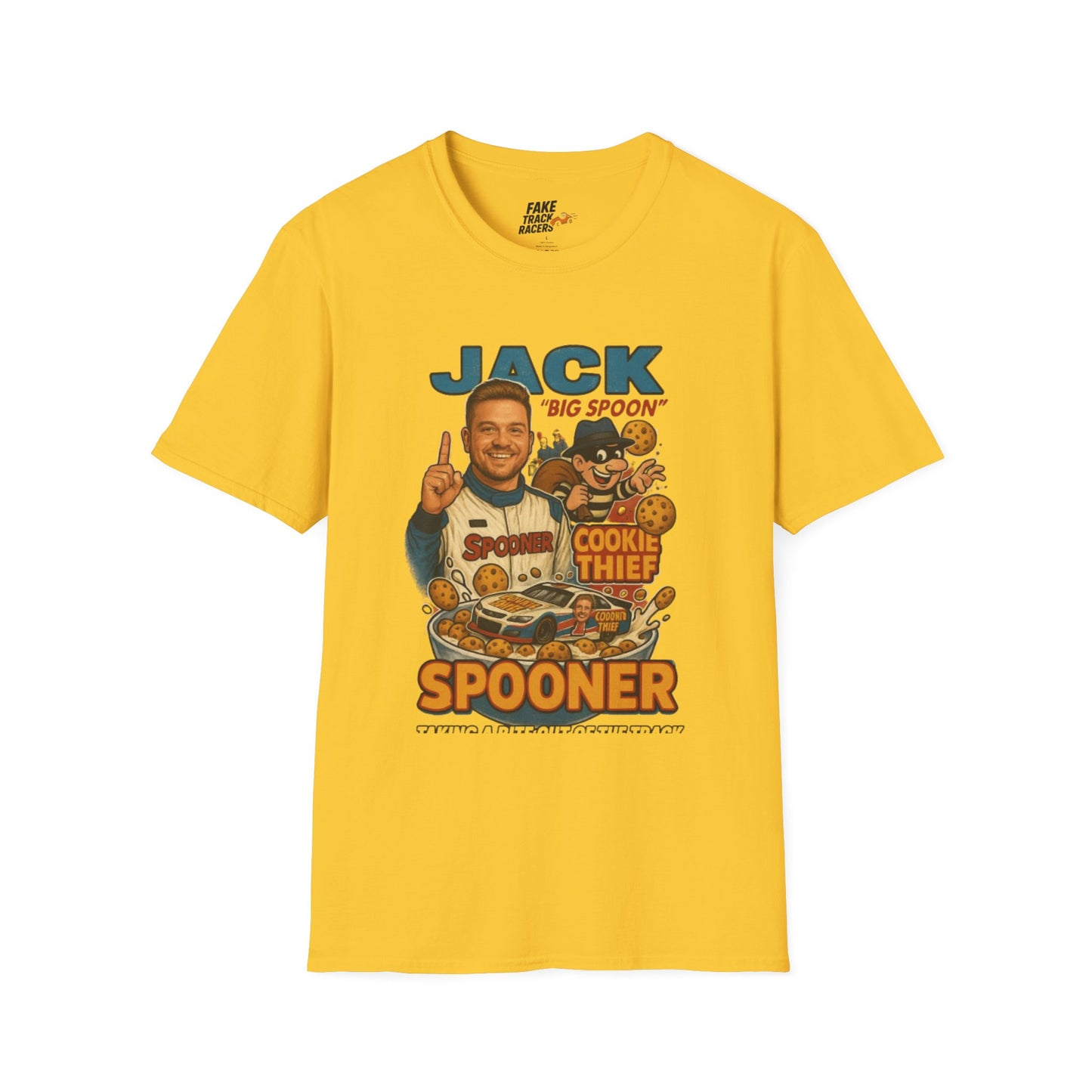 Vintage Style 90s Racing Tee Shirt JACK SPOONER Cookie Thief Fake Track Racers