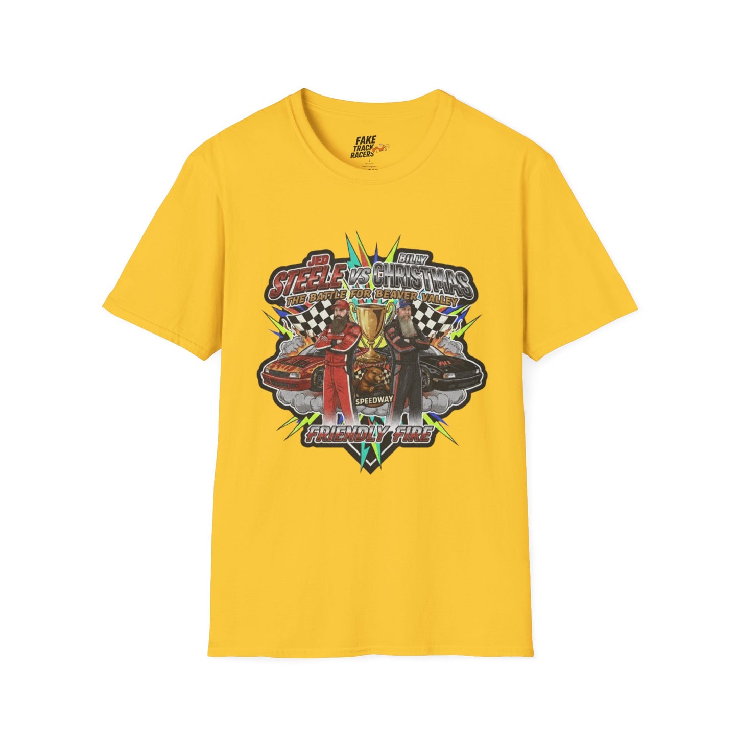 Vintage Style 90s Racing Tee Shirt STEELE VS CHRISTMAS Friendly Fire Fake Track Racers