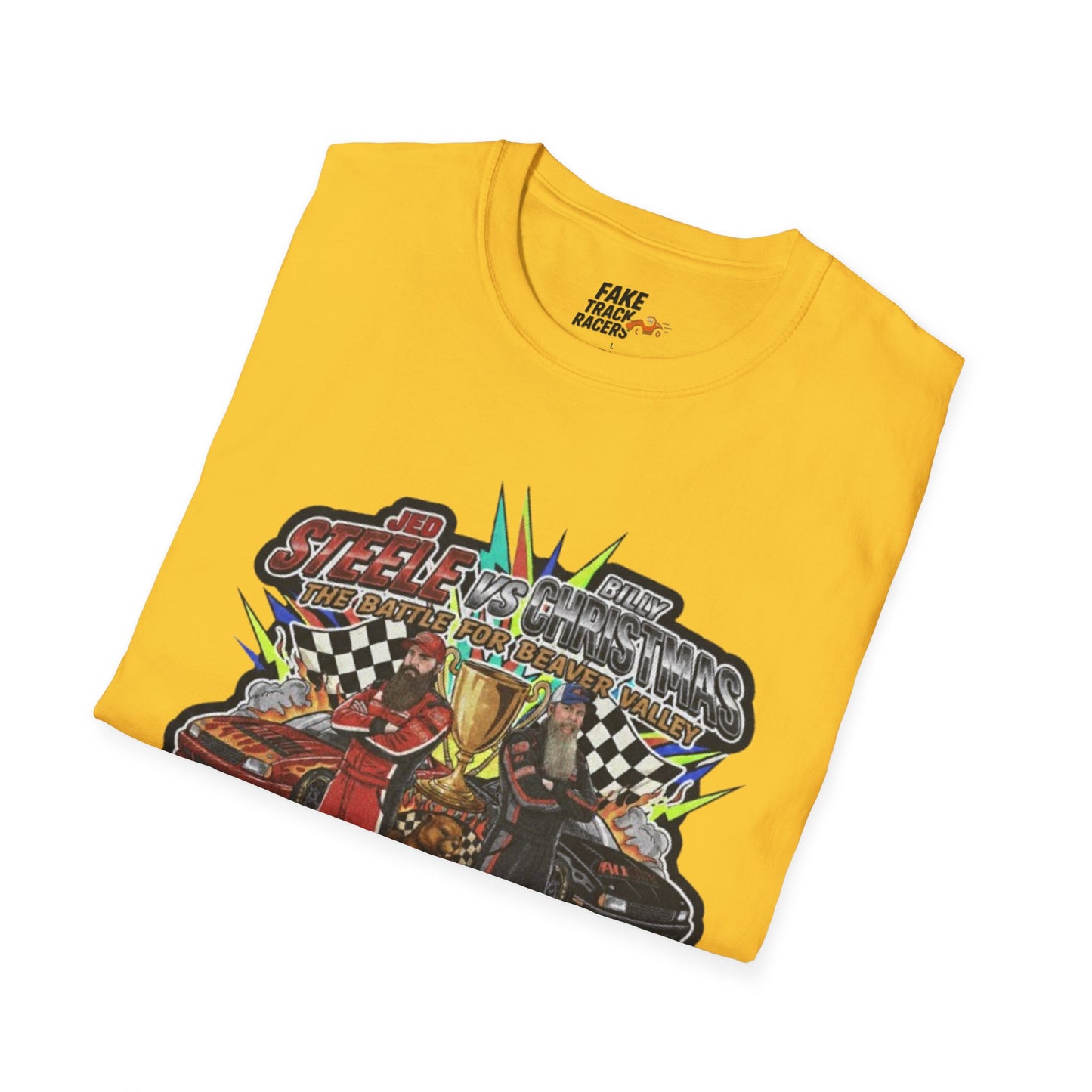 Vintage Style 90s Racing Tee Shirt STEELE VS CHRISTMAS Friendly Fire Fake Track Racers