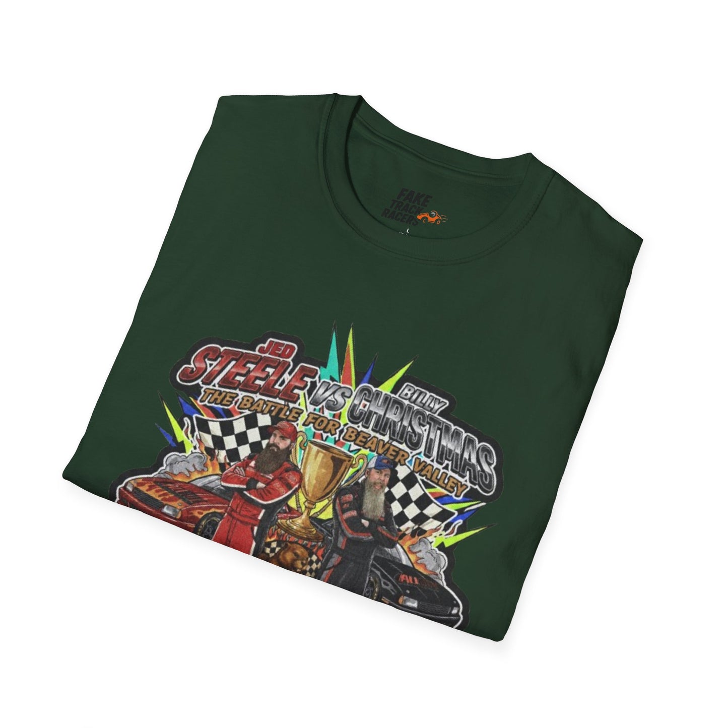Vintage Style 90s Racing Tee Shirt STEELE VS CHRISTMAS Friendly Fire Fake Track Racers