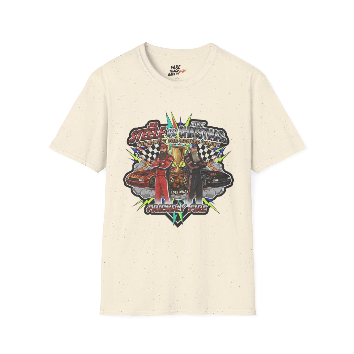 Vintage Style 90s Racing Tee Shirt STEELE VS CHRISTMAS Friendly Fire Fake Track Racers