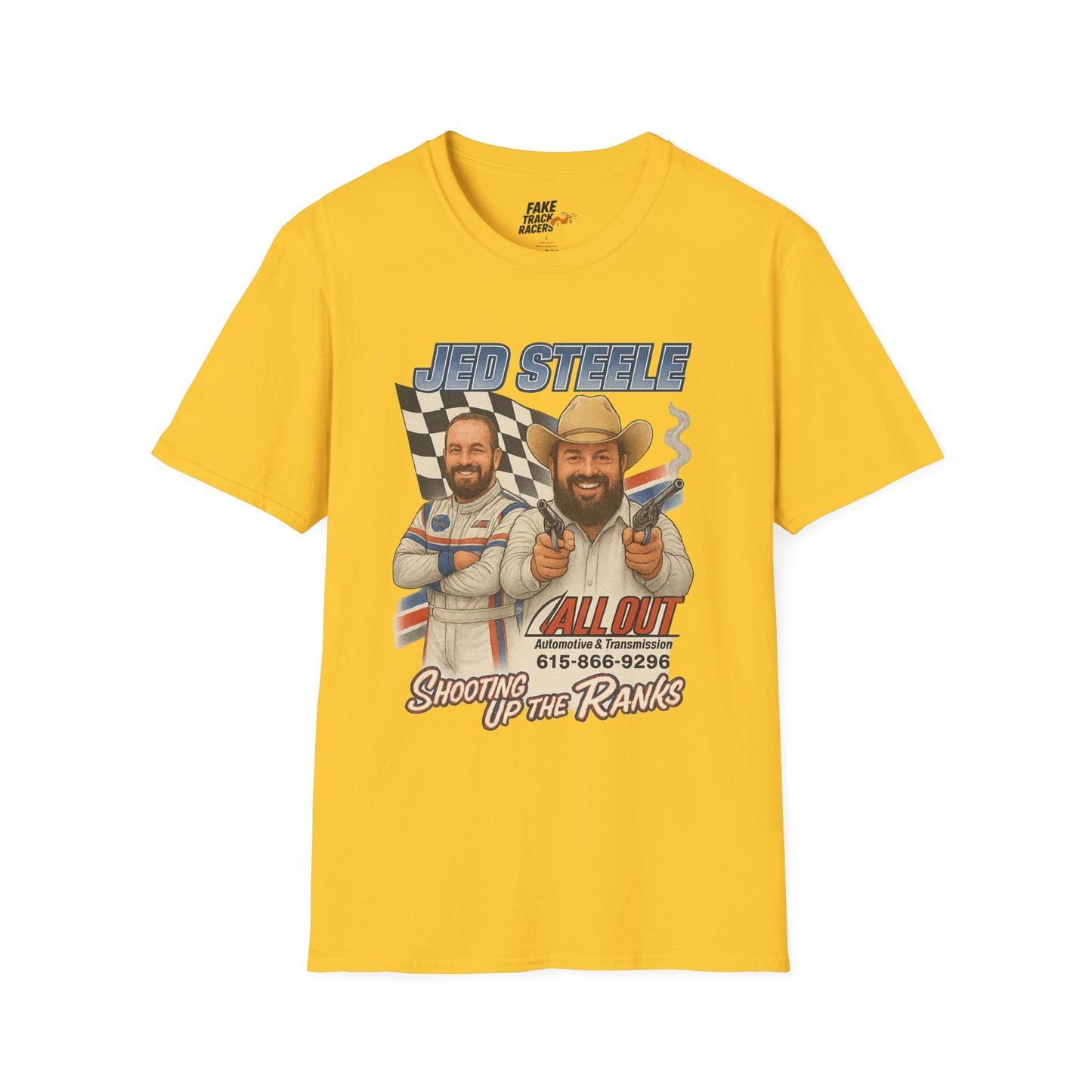 Vintage Style 90s Racing Tee Shirt JED STEELE AllOut Fake Track Racers