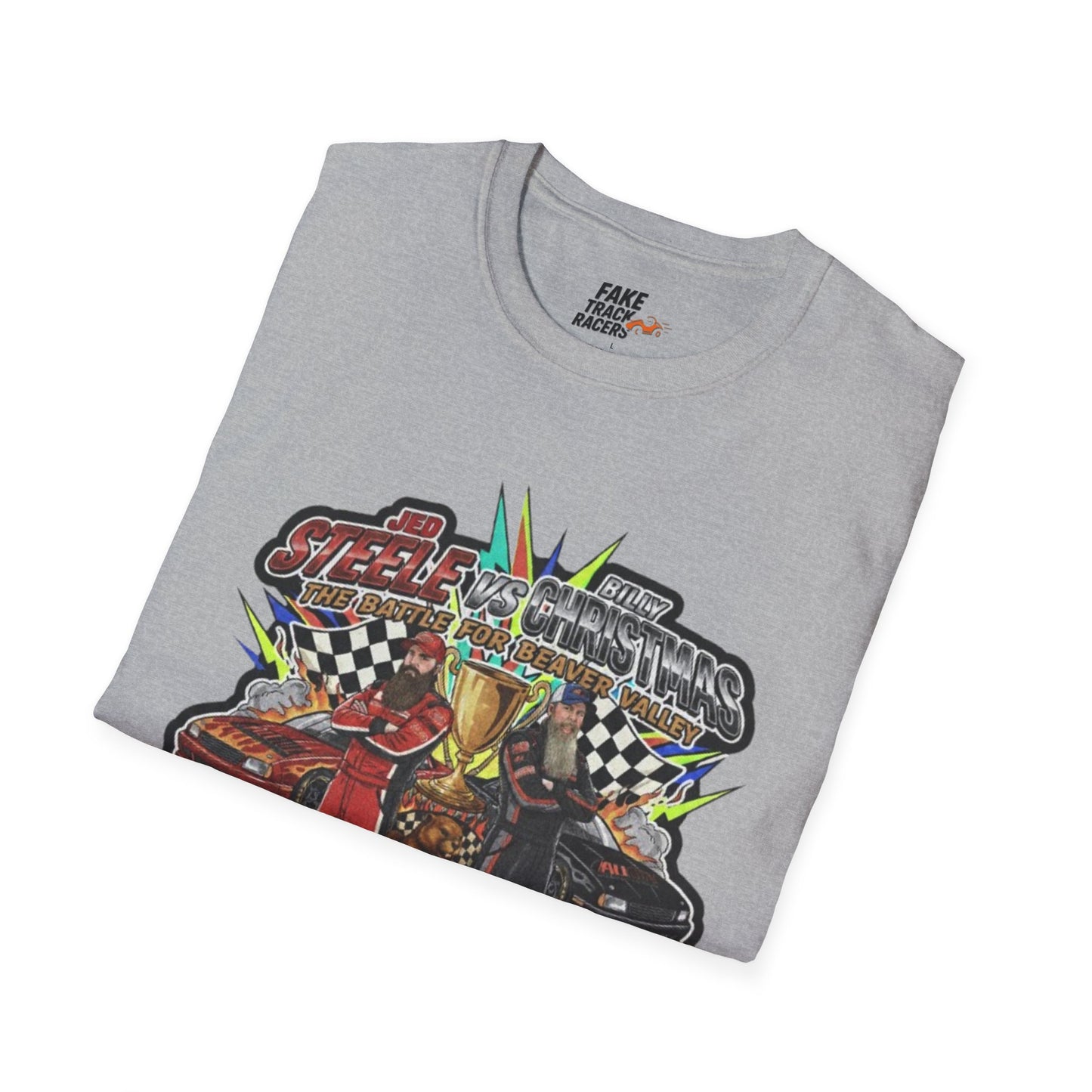 Vintage Style 90s Racing Tee Shirt STEELE VS CHRISTMAS Friendly Fire Fake Track Racers