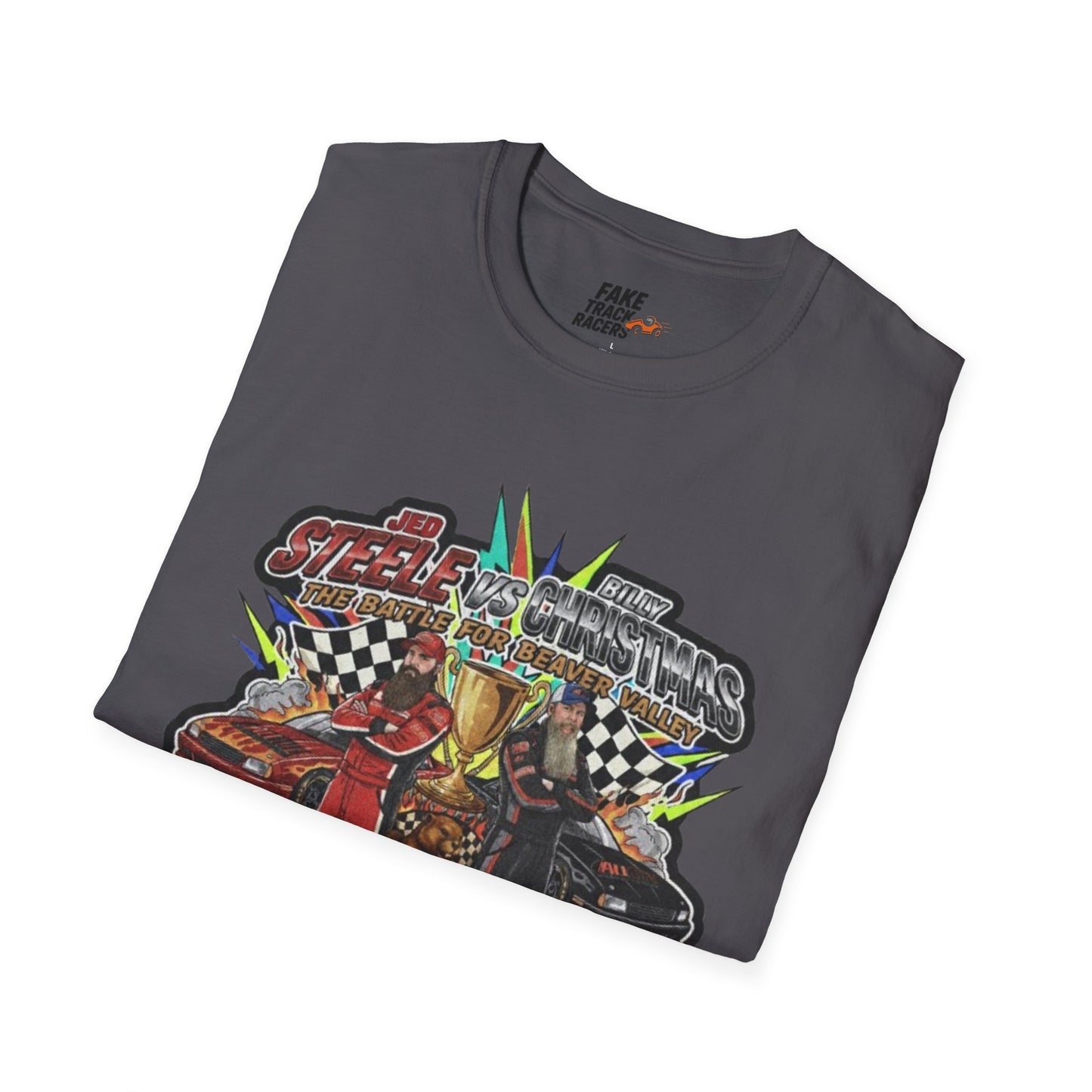Vintage Style 90s Racing Tee Shirt STEELE VS CHRISTMAS Friendly Fire Fake Track Racers