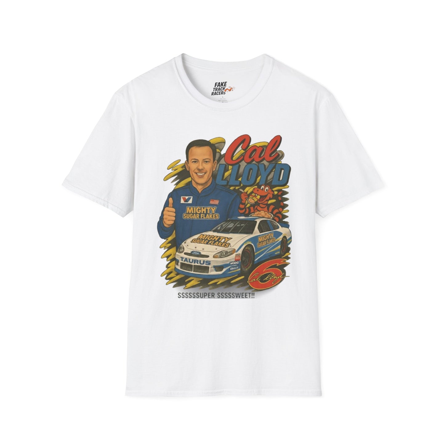 Vintage Style 90s Racing Tee Shirt CAL LLOYD Flakes Fake Track Racers