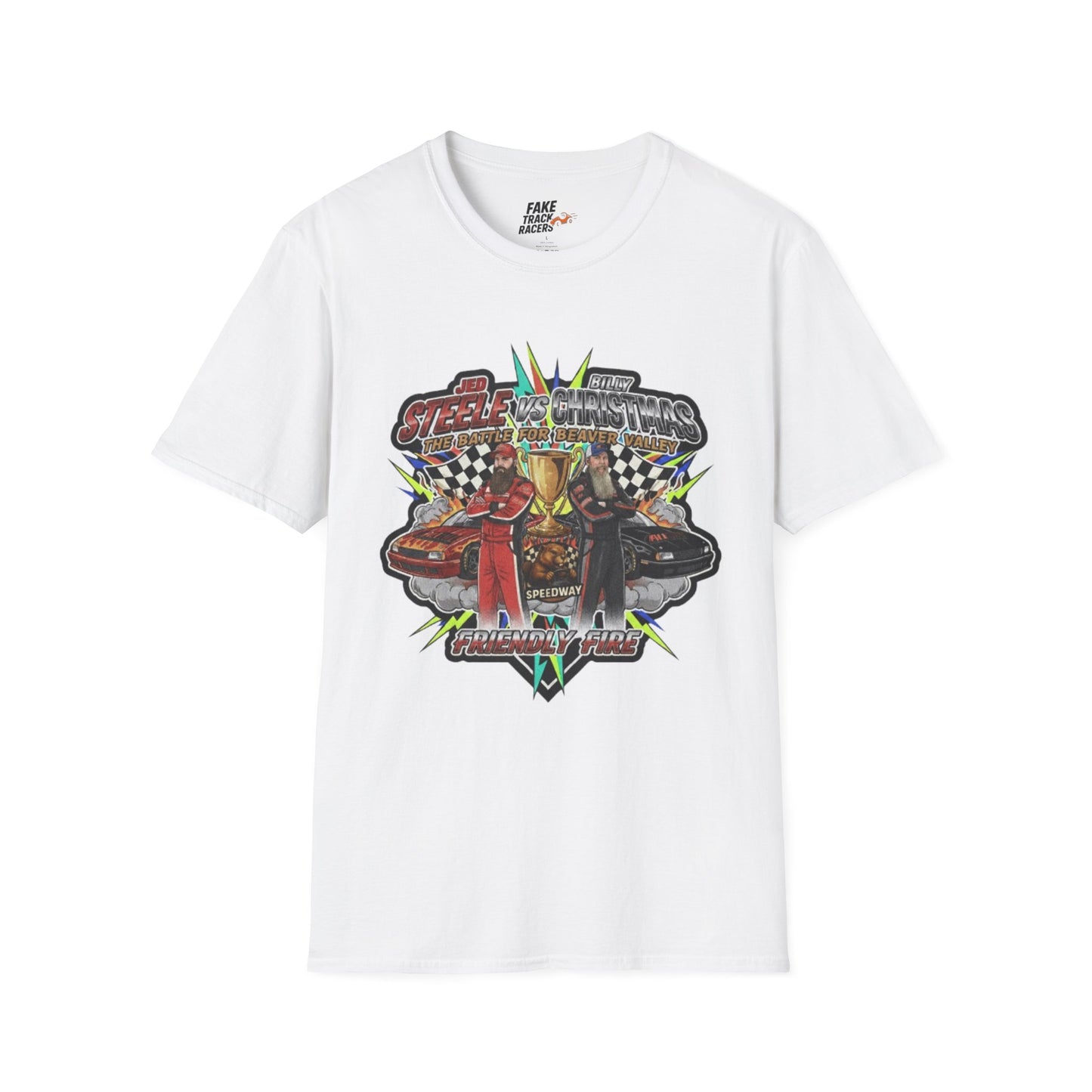 Vintage Style 90s Racing Tee Shirt STEELE VS CHRISTMAS Friendly Fire Fake Track Racers
