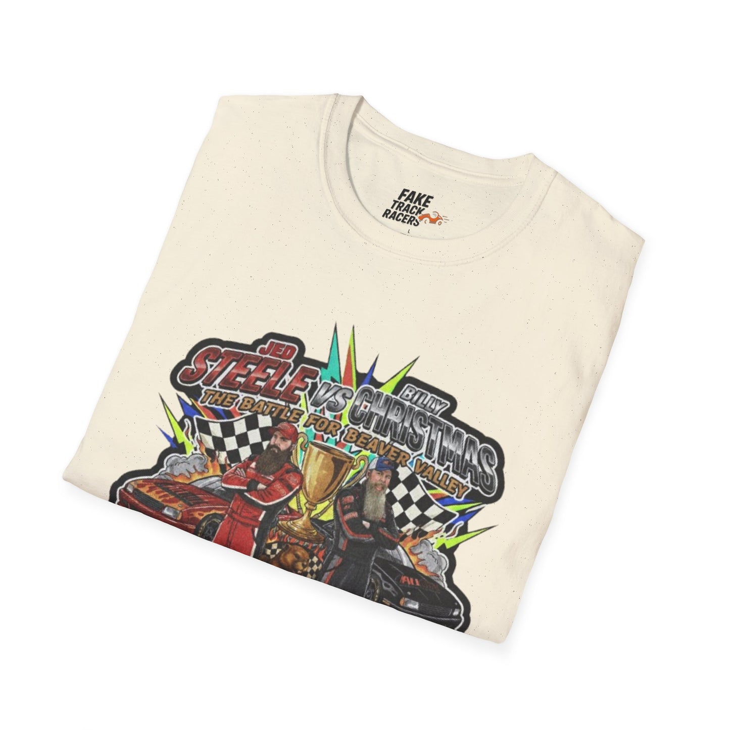 Vintage Style 90s Racing Tee Shirt STEELE VS CHRISTMAS Friendly Fire Fake Track Racers