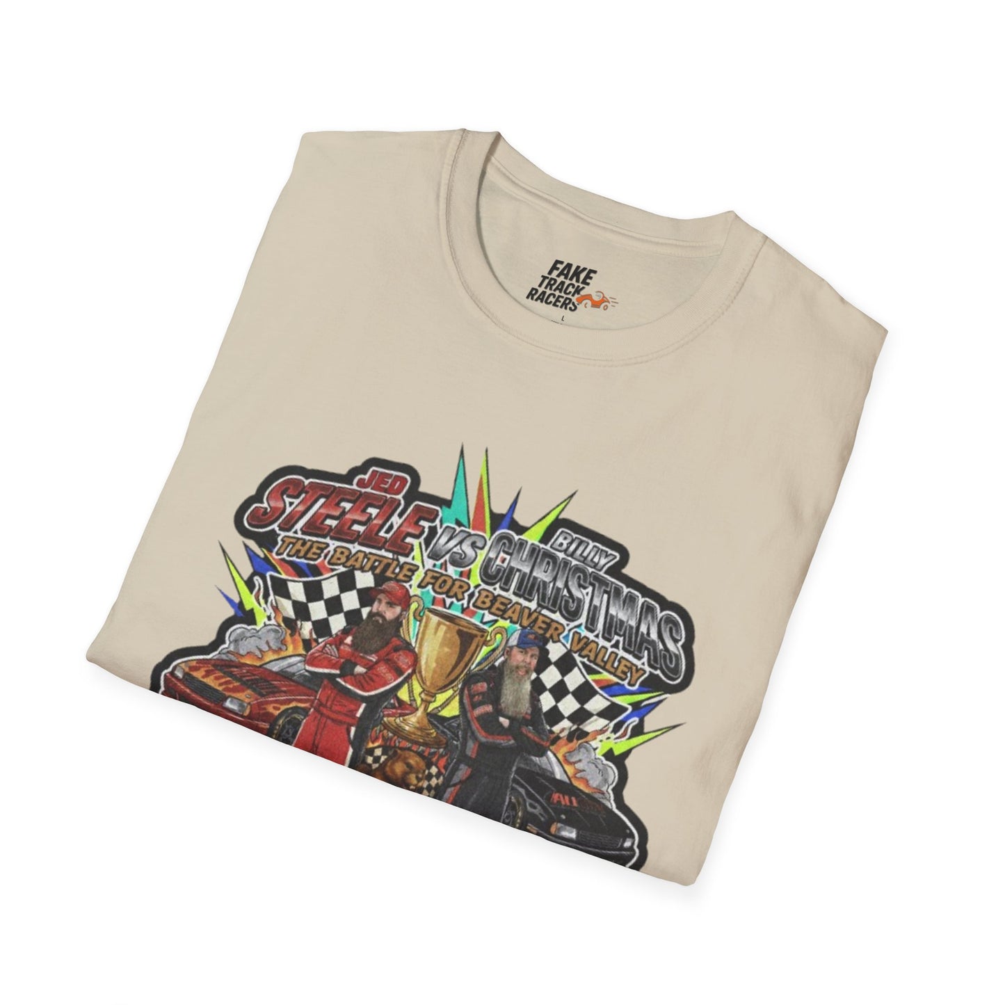 Vintage Style 90s Racing Tee Shirt STEELE VS CHRISTMAS Friendly Fire Fake Track Racers