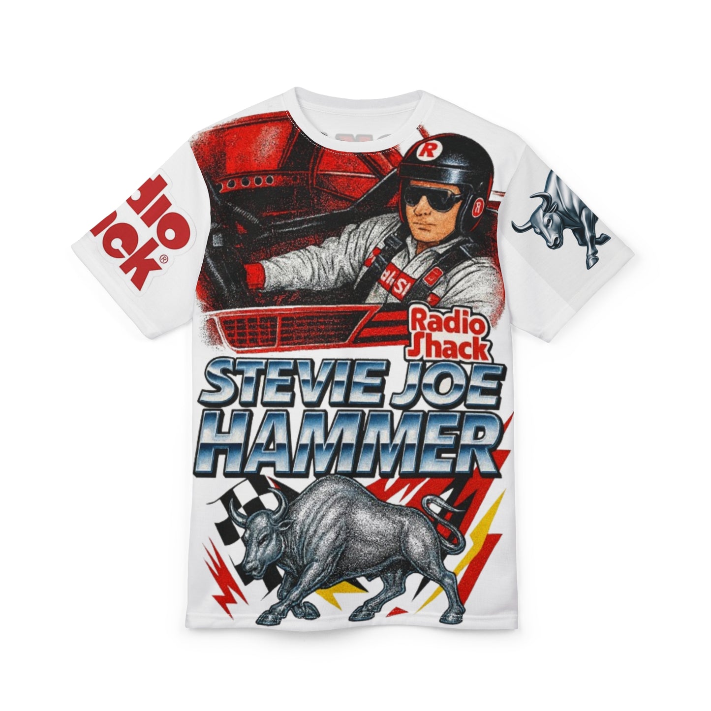 Vintage Style 90s Racing Tee AOP STEVIE JOE HAMMER Radio Shack Fake Track Racers