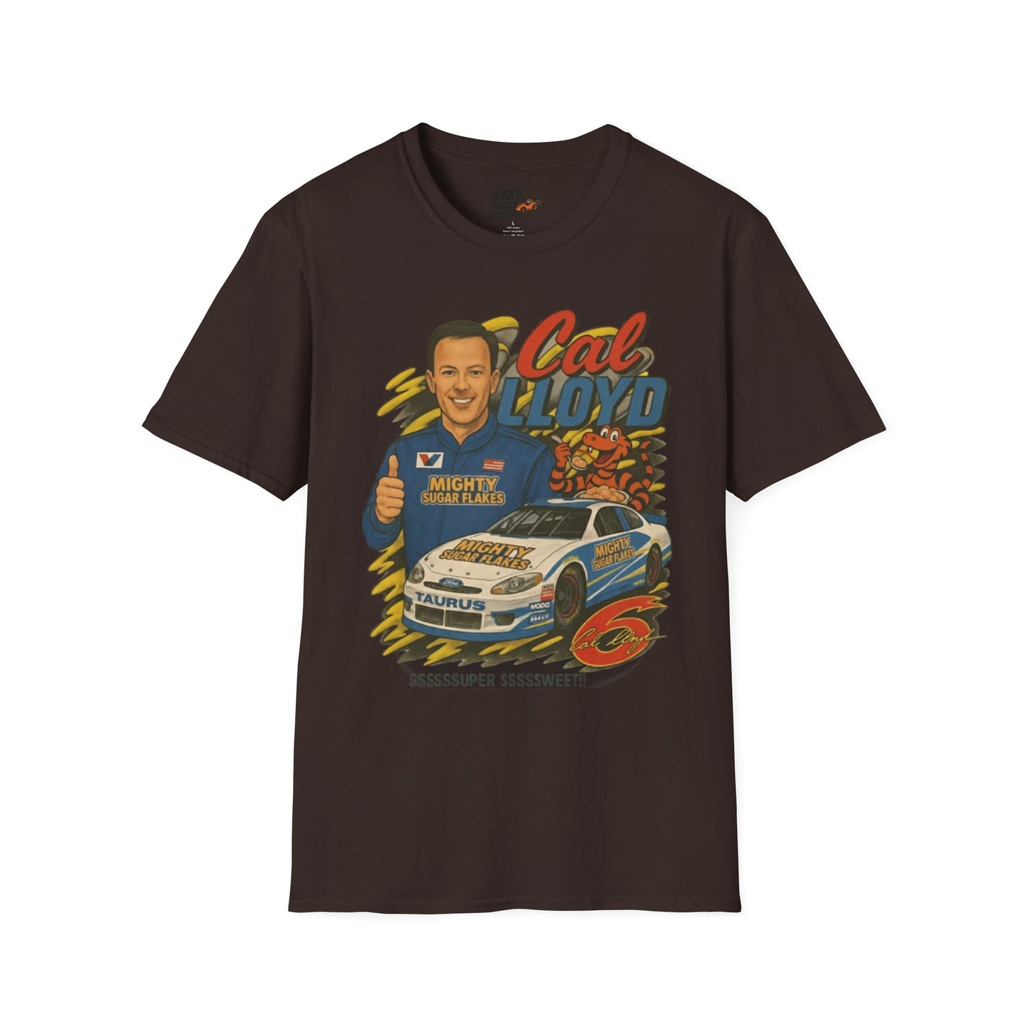 Vintage Style 90s Racing Tee Shirt CAL LLOYD Flakes Fake Track Racers