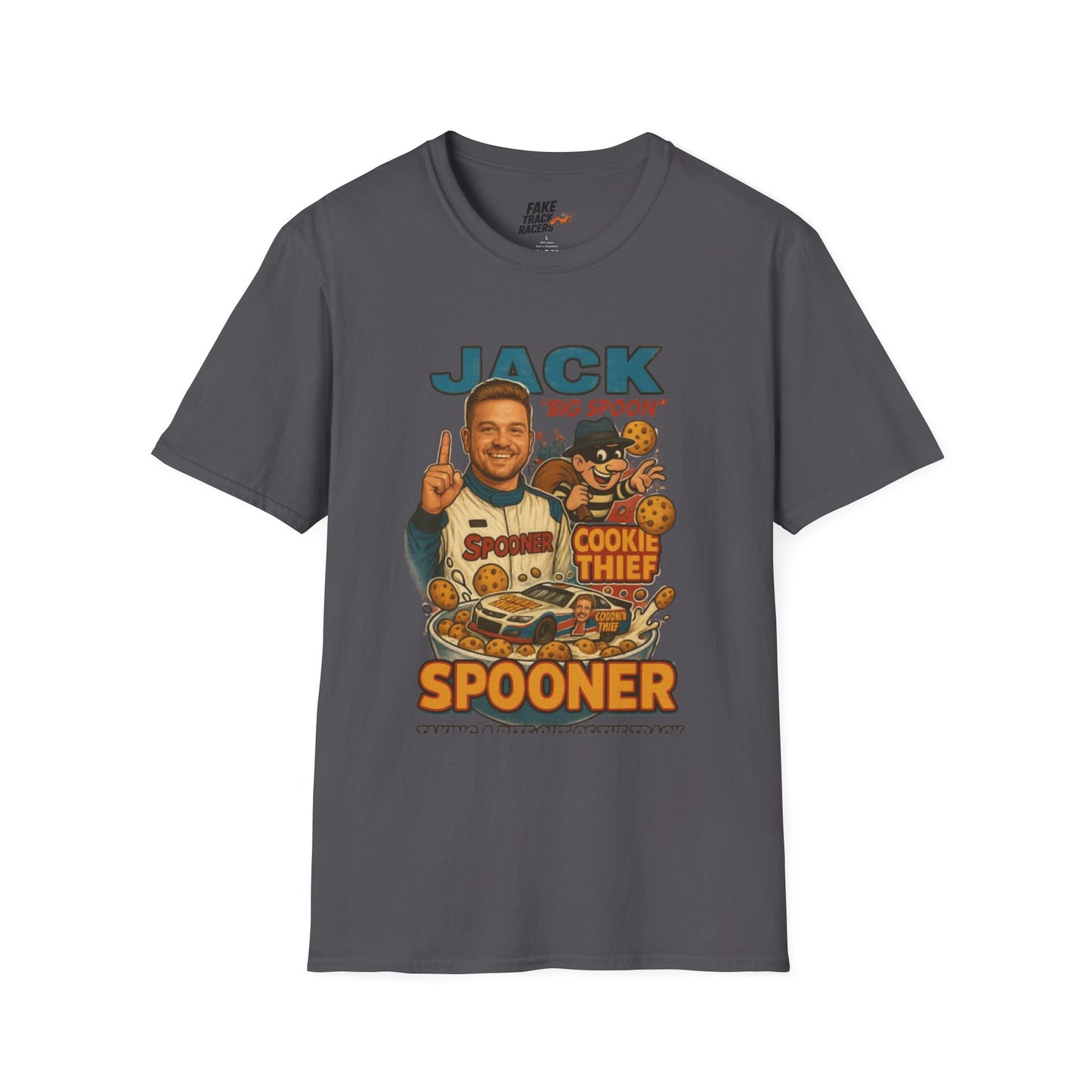 Vintage Style 90s Racing Tee Shirt JACK SPOONER Cookie Thief Fake Track Racers