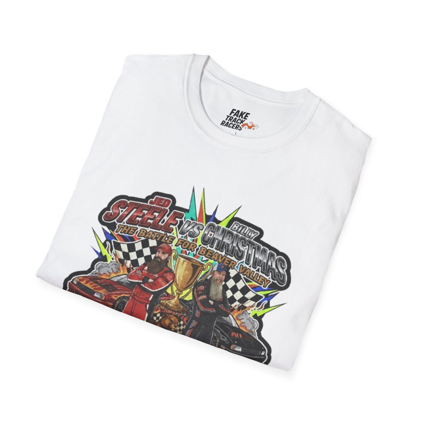 Vintage Style 90s Racing Tee Shirt STEELE VS CHRISTMAS Friendly Fire Fake Track Racers